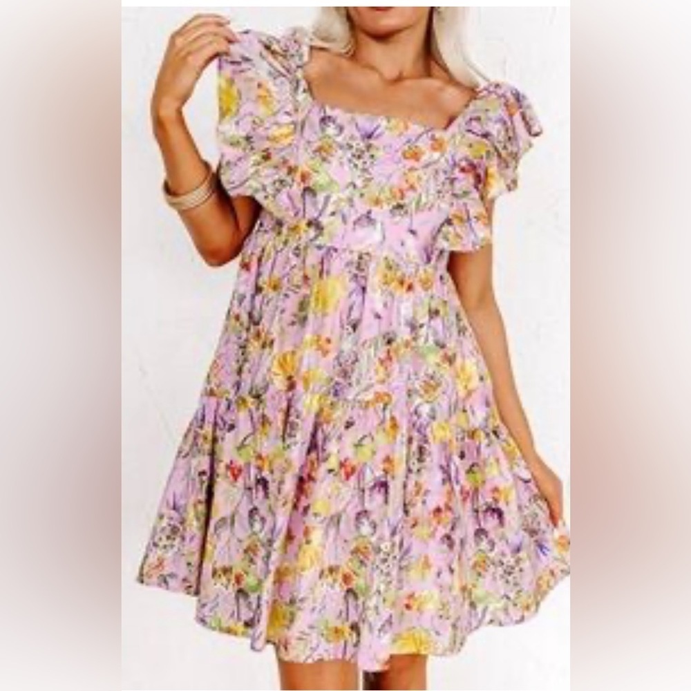 Entro floral mini ruffled sleeves and smocking dress size large​​​
